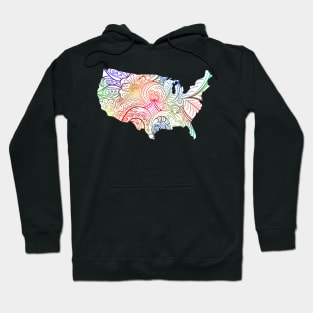 Colorful mandala art map of the United States of America on white background Hoodie